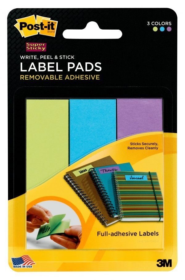 Post-it® Super Sticky Label Pads 2900-LBG, 1 in. x 3 in. 3 Pads in. Limeade, Electric Blue and Concord, 75 Labels